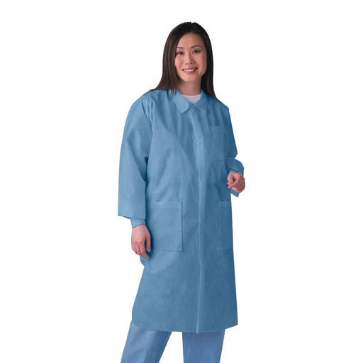 Medline NONSW400XXL Knit-Cuff Multilayer SMS Lab Coats with Traditional Collar, Blue, 2XL