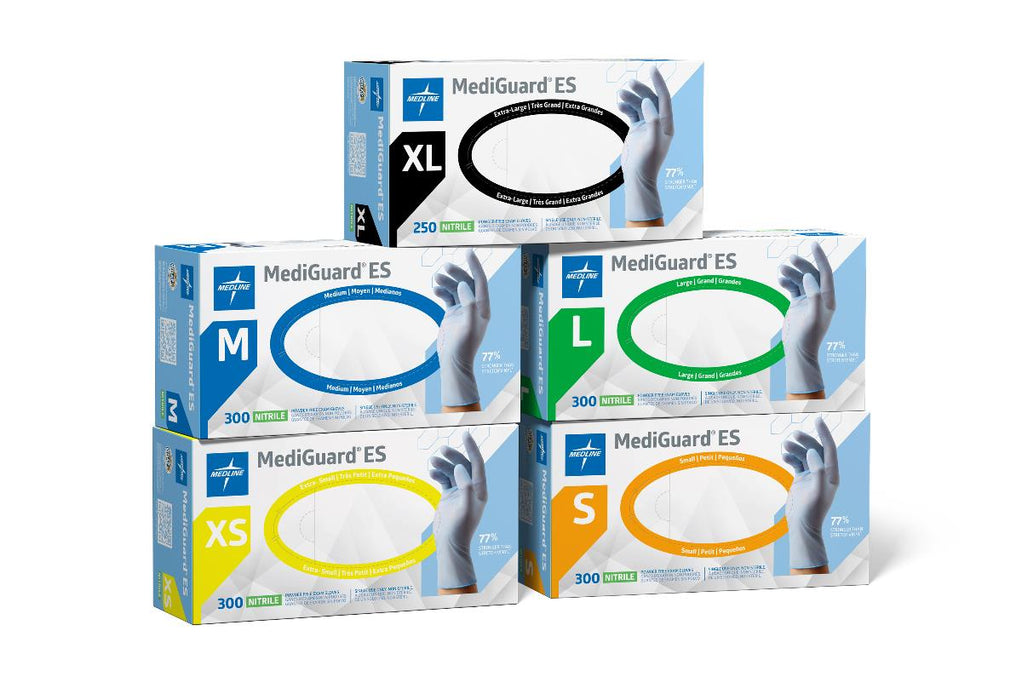 Medline MediGuard ES powder-free nitrile exam gloves in color-coded boxes, sizes XS to XL