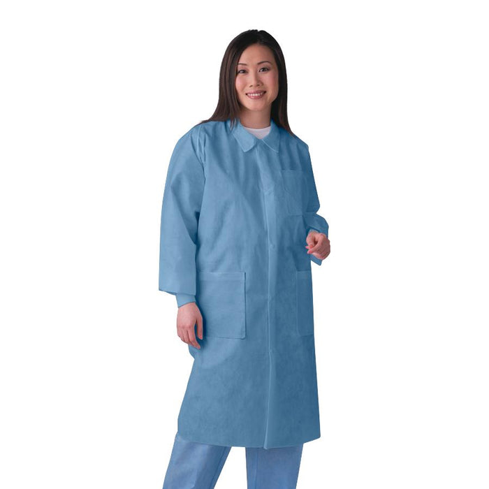 Medline NONSW400SZ Knit-Cuff Multilayer SMS Lab Coats with Traditional Collar, Blue, S