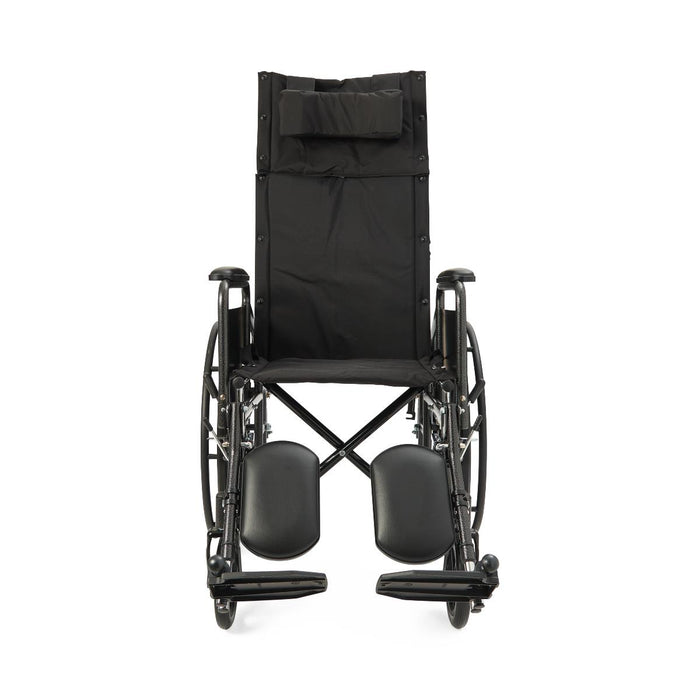Front view of the Medline Guardian Reclining Wheelchair showing the high back, padded headrest, and durable frame.