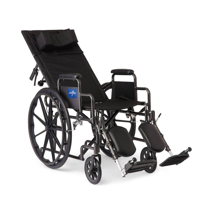 Medline Guardian Reclining Wheelchair shown in a full 180-degree recline position, with the padded headrest and elevating leg rests for maximum comfort.